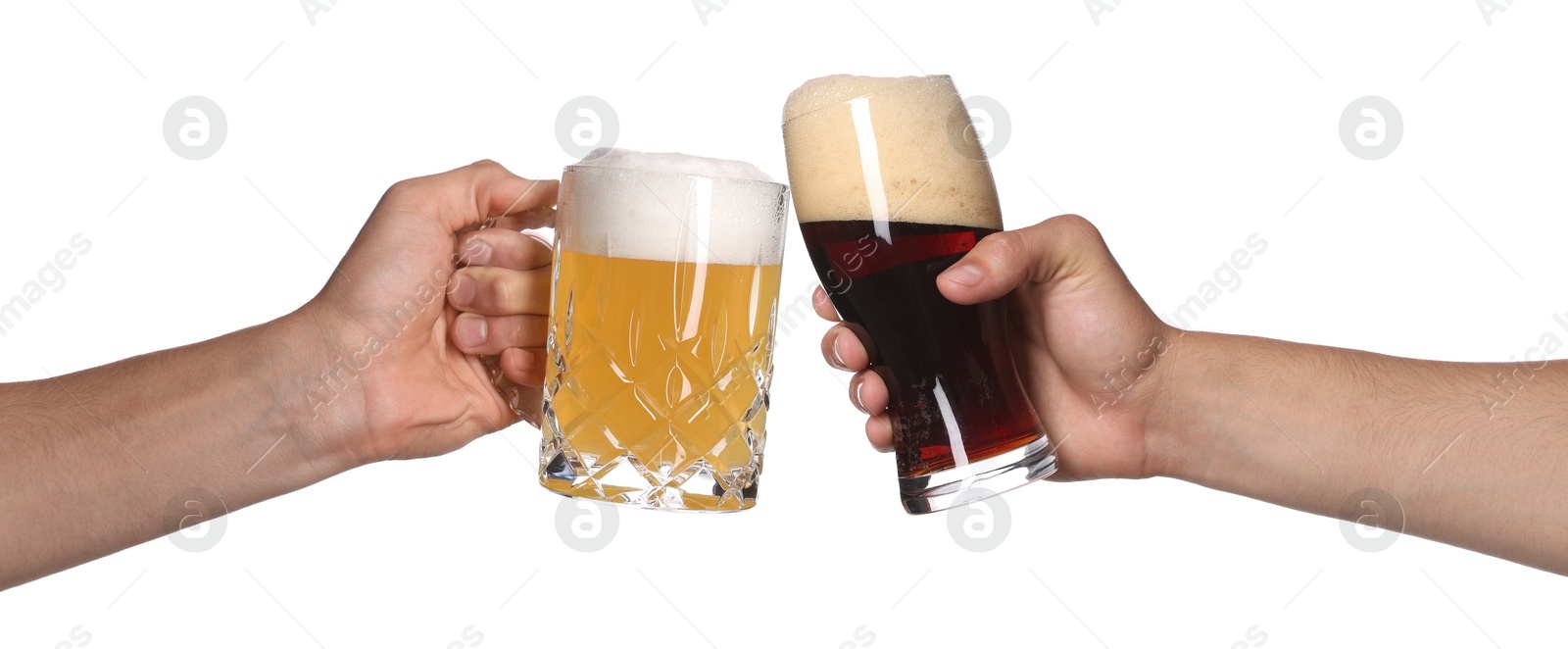 Men clinking their glasses of beer together against white background Image of Men clinking their glasses of beer together against white background