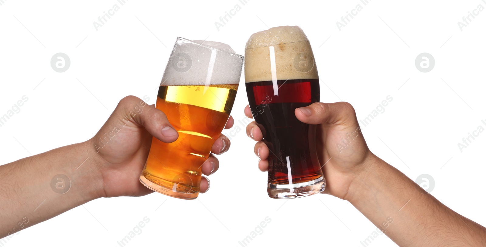 Men clinking their glasses of beer together against white background Image of Men clinking their glasses of beer together against white background