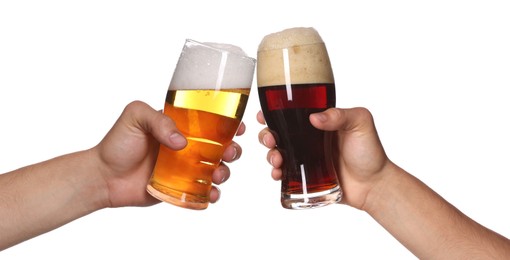 Image of Men clinking their glasses of beer together against white background