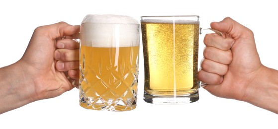 Image of Men clinking their glasses of beer together against white background