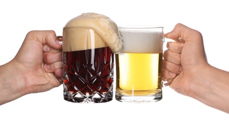 Image of Men clinking their glasses of beer together against white background