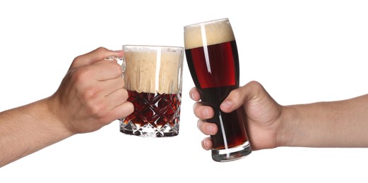 Image of Men clinking their glasses of beer together against white background
