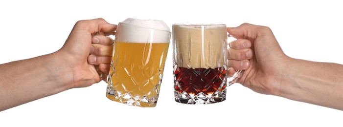Image of Men clinking their glasses of beer together against white background