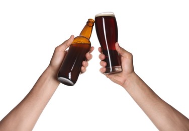 Image of Men clinking their glass and bottle with beer together against white background