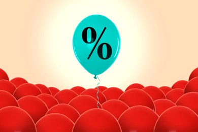 Image of Turquoise balloon with percent sign above red ones against beige background. Hot sale, special offer