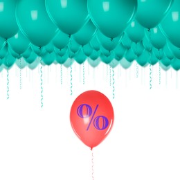 Image of Red balloon with percent sign under turquoise ones against white background. Hot sale, special offer