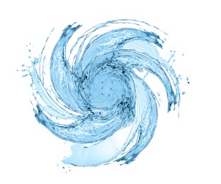 Image of Water forming whirlpool on white background. Whirling fluid