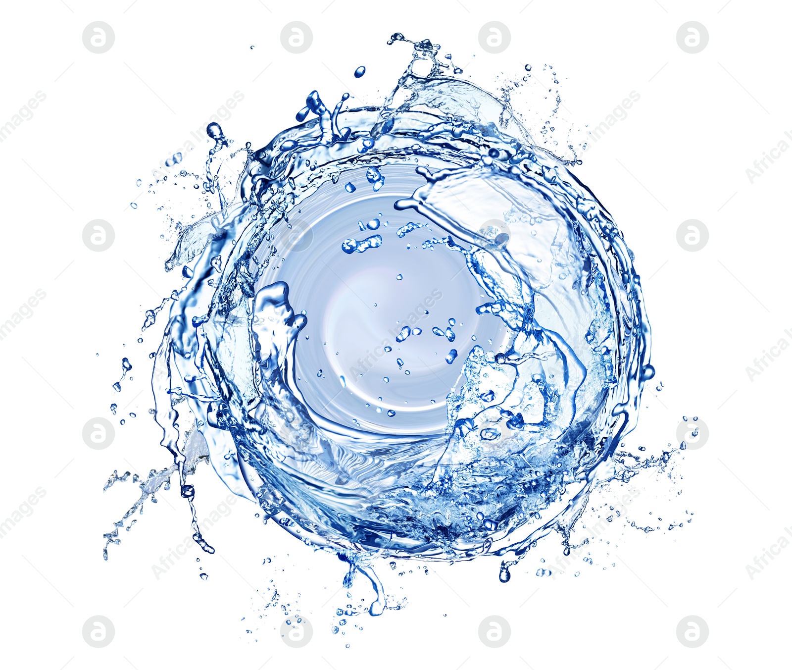 Image of Water forming whirlpool on white background. Whirling fluid