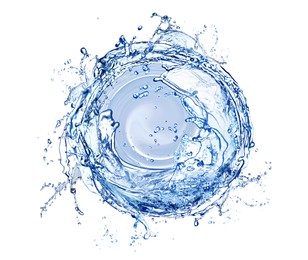 Image of Water forming whirlpool on white background. Whirling fluid