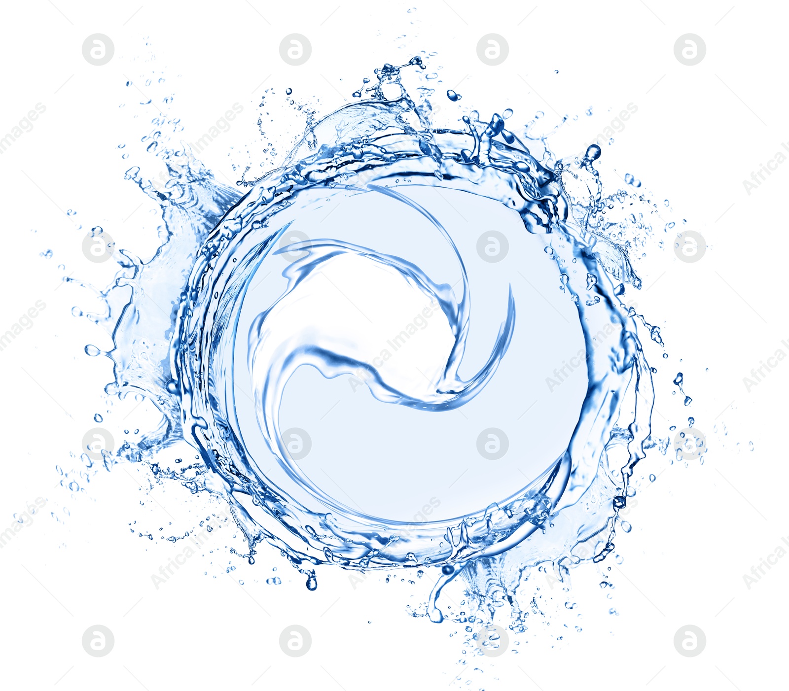 Image of Water forming whirlpool on white background. Whirling fluid