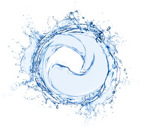 Image of Water forming whirlpool on white background. Whirling fluid