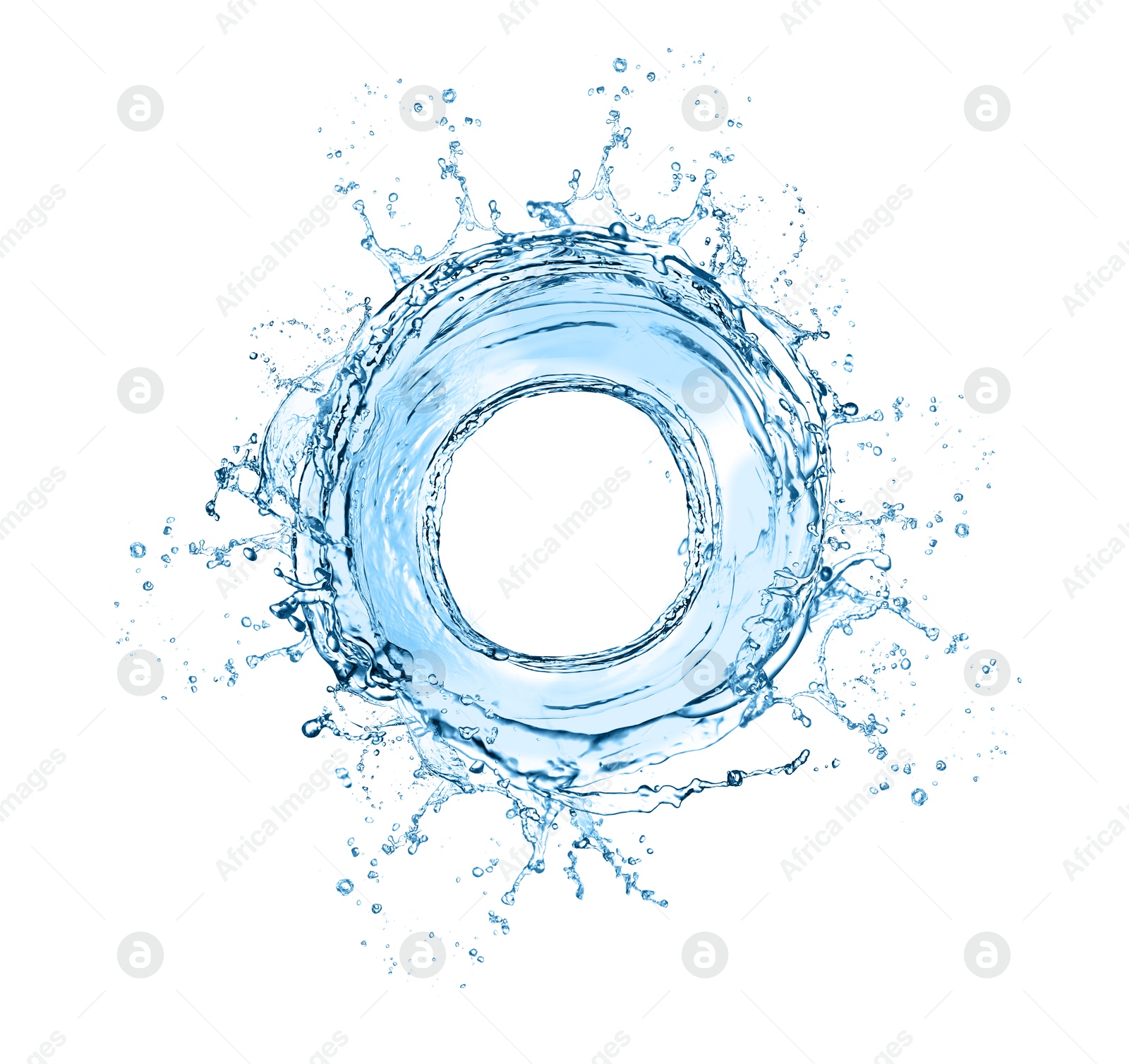 Image of Water forming whirlpool on white background. Whirling fluid