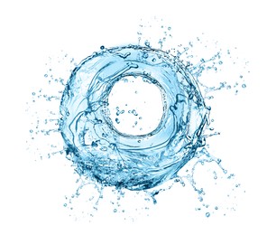 Image of Water forming whirlpool on white background. Whirling fluid