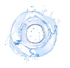 Image of Water forming whirlpool on white background. Whirling fluid