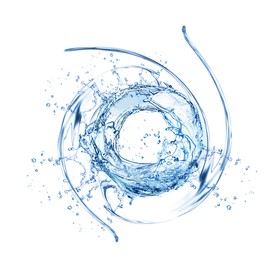 Image of Water forming whirlpool on white background. Whirling fluid