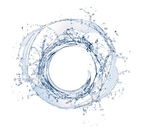 Image of Water forming whirlpool on white background. Whirling fluid