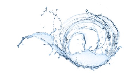 Image of Water forming whirlpool on white background. Whirling fluid