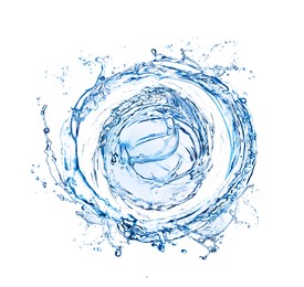 Image of Water forming whirlpool on white background. Whirling fluid