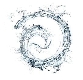 Image of Flow of water swirling against white background.