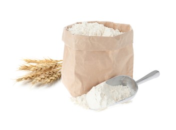 Image of Wheat flour and spikelets on white background
