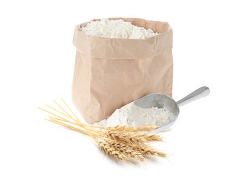 Image of Wheat flour and spikelets on white background