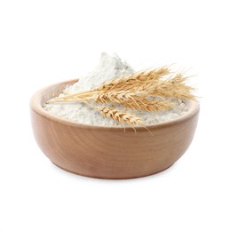 Image of Wheat flour in bowl and spikelets on white background