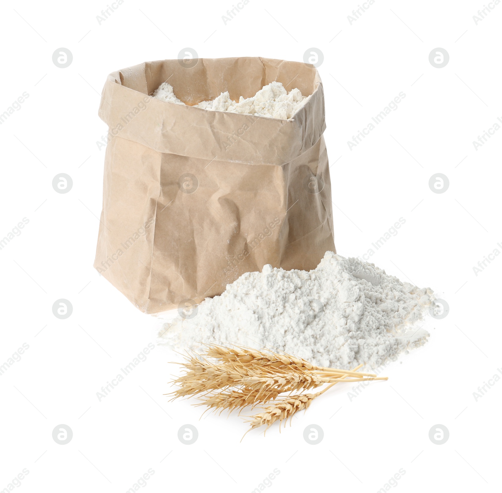 Image of Wheat flour and spikelets on white background