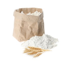 Image of Wheat flour and spikelets on white background