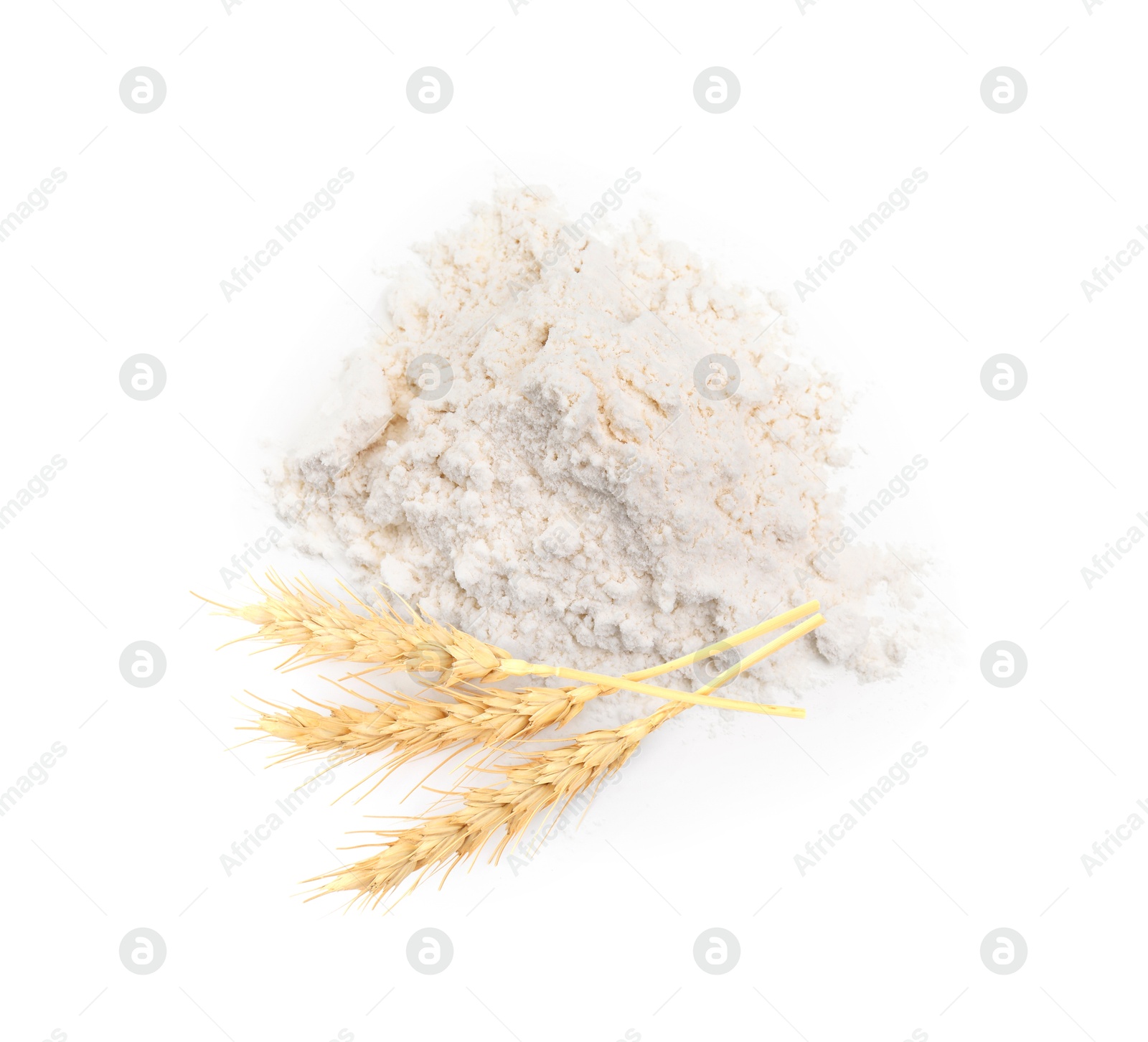 Image of Wheat flour and spikelets on white background