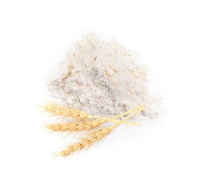 Image of Wheat flour and spikelets on white background