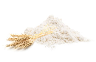 Image of Wheat flour and spikelets on white background