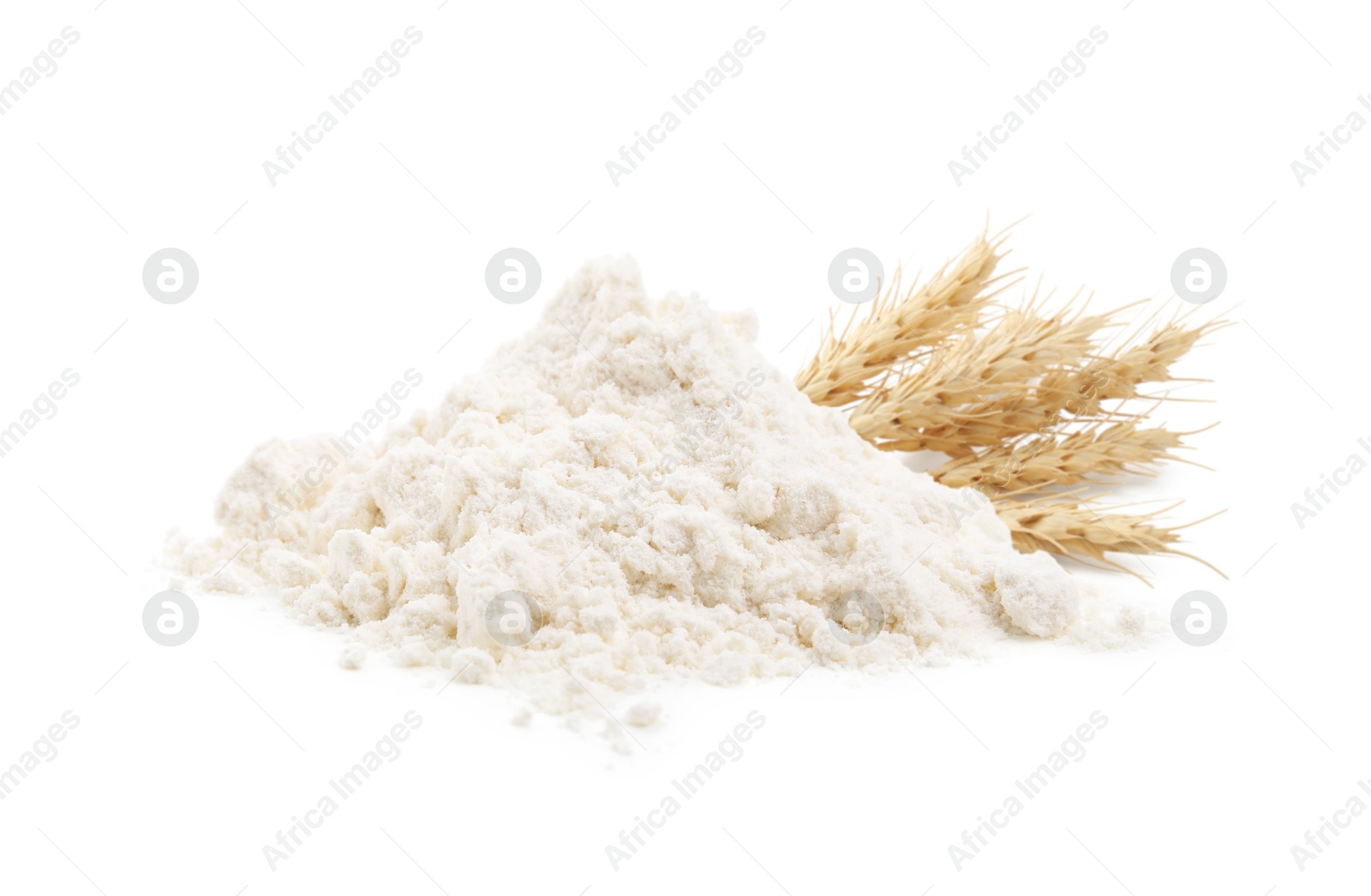 Image of Wheat flour and spikelets on white background