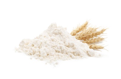 Image of Wheat flour and spikelets on white background
