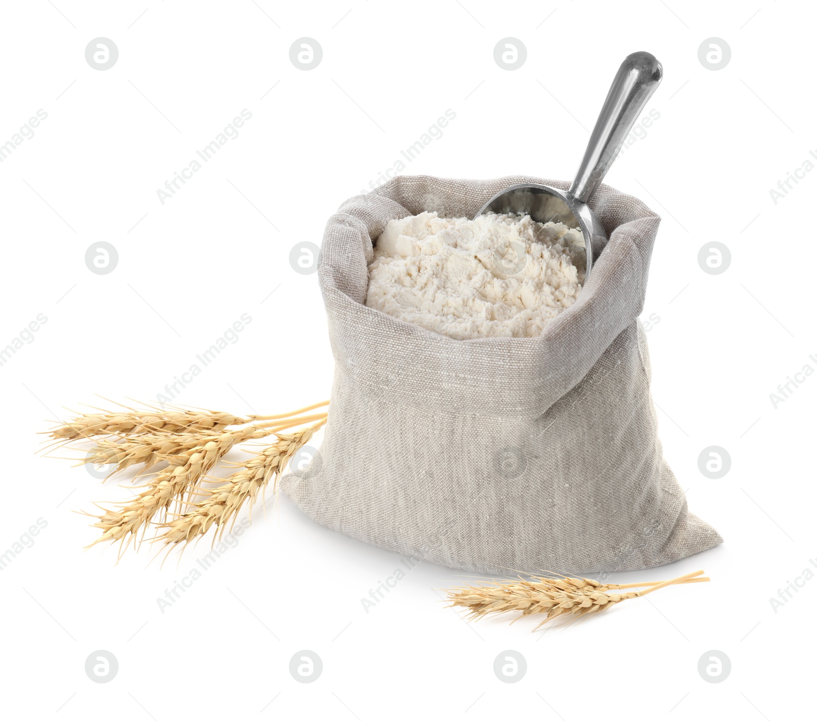 Image of Wheat flour and spikelets on white background