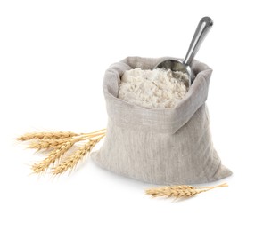 Image of Wheat flour and spikelets on white background