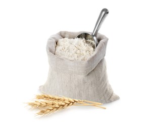Image of Wheat flour and spikelets on white background