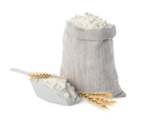 Image of Wheat flour and spikelets on white background