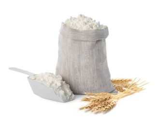 Image of Wheat flour and spikelets on white background