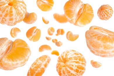 Image of Sweet tangerines whirling in air against white background