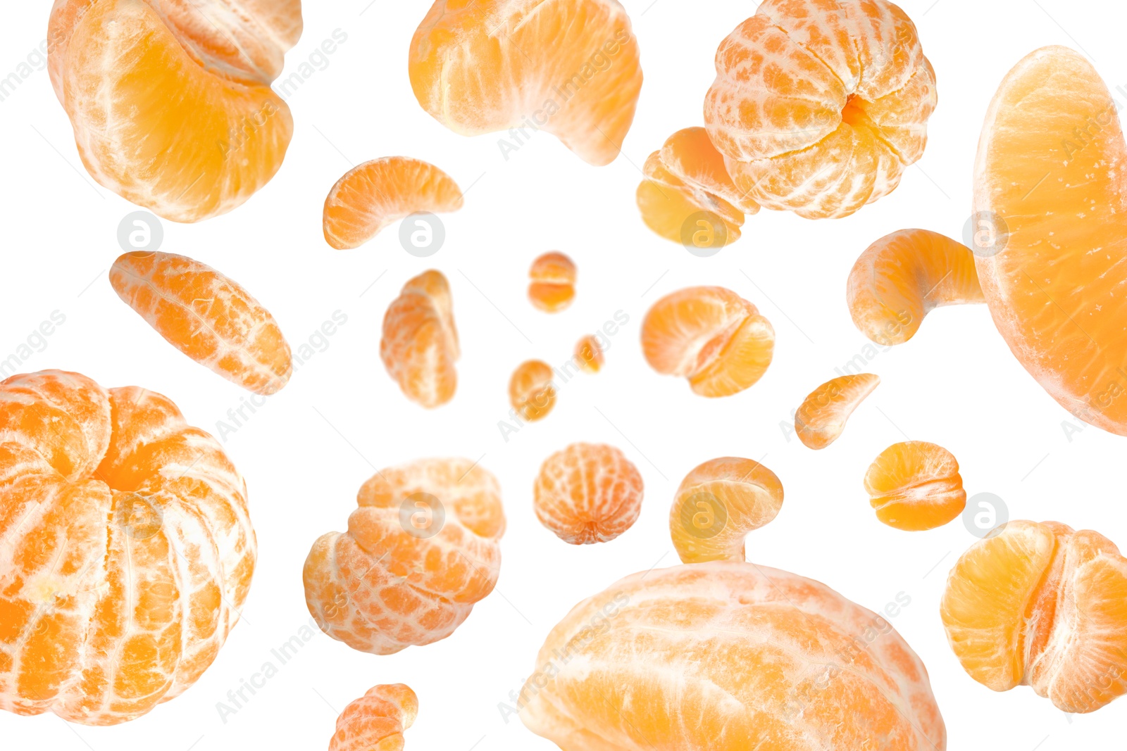 Image of Sweet tangerines whirling in air against white background