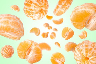 Image of Sweet tangerines whirling in air against aquamarine gradient background