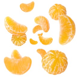 Image of Sweet tangerines whirling in air against white background