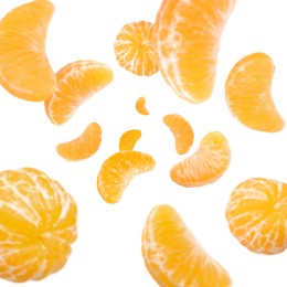 Image of Sweet tangerines whirling in air against white background