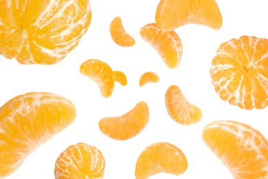 Image of Sweet tangerines whirling in air against white background