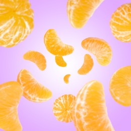 Image of Sweet tangerines whirling in air against violet background
