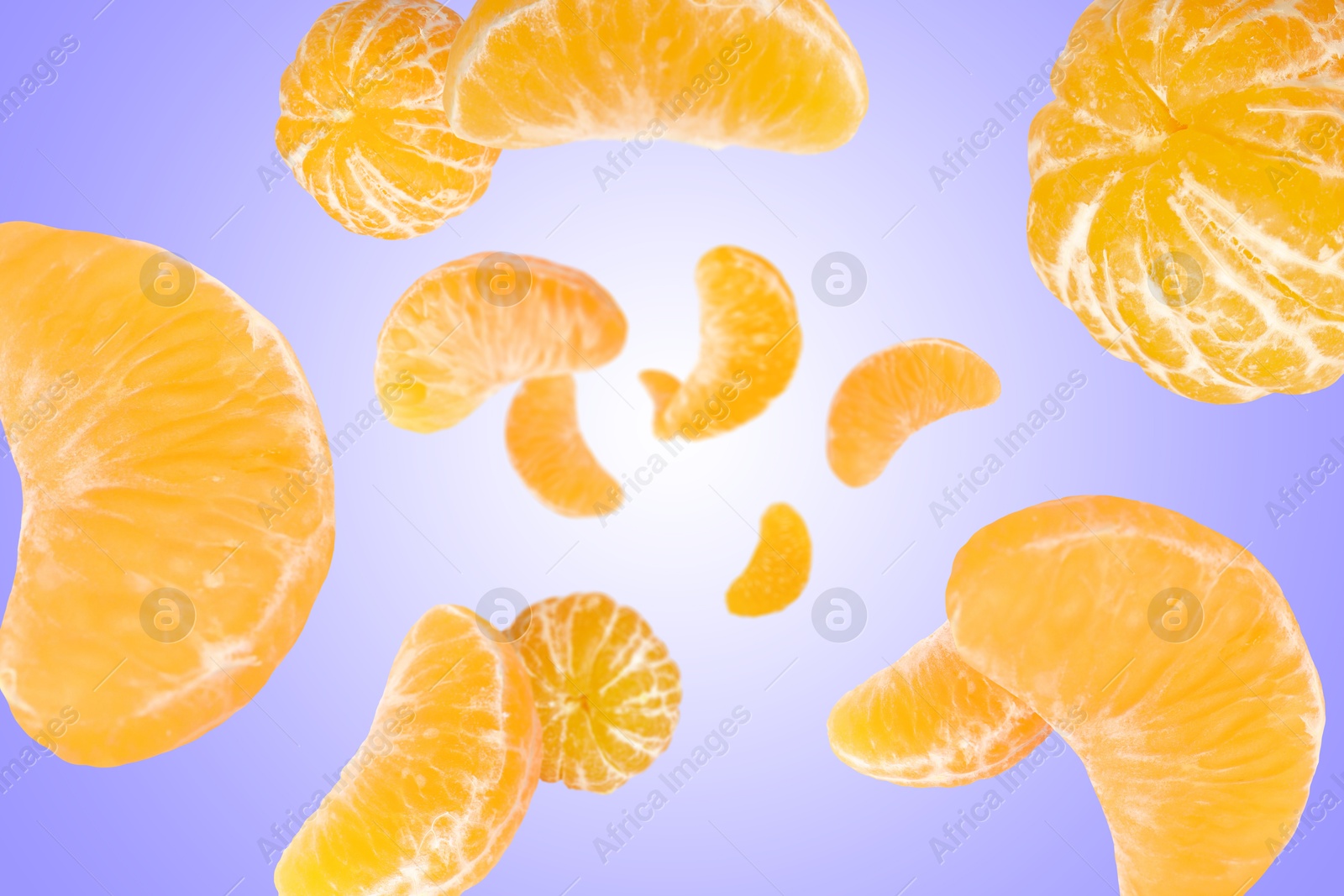 Image of Sweet tangerines whirling in air against blue violet gradient background