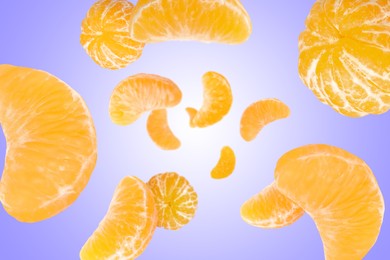 Image of Sweet tangerines whirling in air against blue violet gradient background