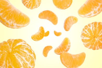 Image of Sweet tangerines whirling in air against beige gradient background