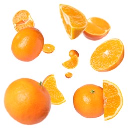 Image of Sweet tangerines whirling in air against white background