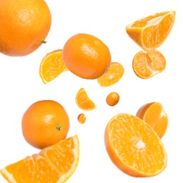 Image of Sweet tangerines whirling in air against white background